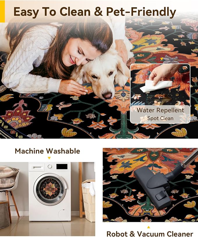 RELEANY Area Rugs Round 10ft Washable Non-Slip, Floral Vintage Distress - Image 5