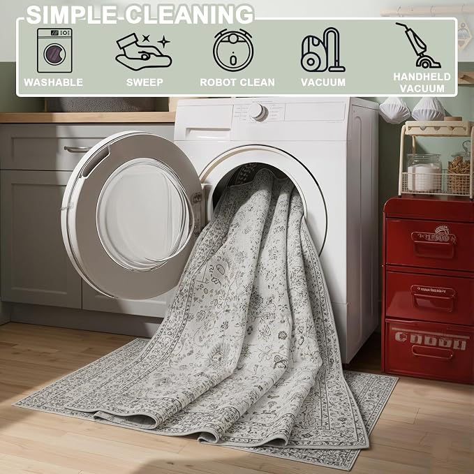 Floral Hallway Runner Grey Carpet Non-Slip, 2x10 Washable Rug Ultra-Thin Soft - Image 5