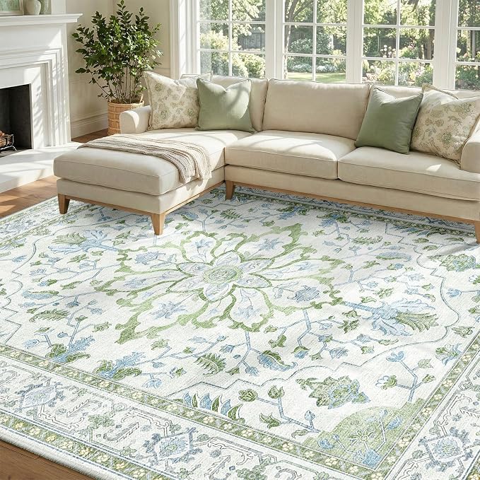 RELEANY Area Rugs 8'x10' Washable Non-Slip, Floral Vintage Distress Medallion by RELEANY