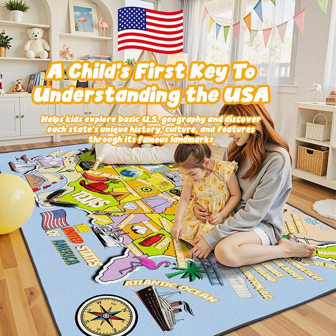 Educational USA Map Area Rug 9x12, Playroom Bedroom Classroom Rug - Image 3