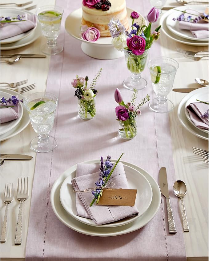 Solino Home 100% Linen Table Runner Lilac, Classic Hemstitch 14 x 132 in | - Image 3