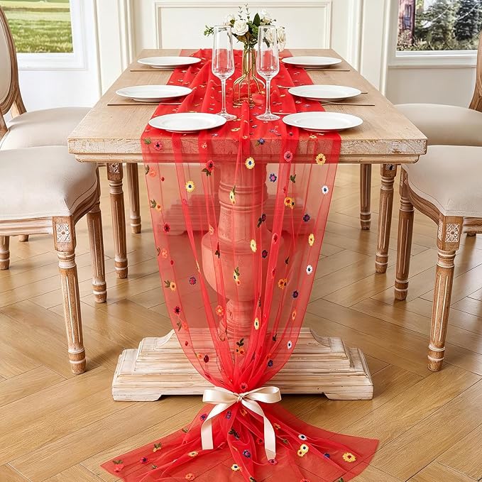 BINBE 12pcs Daisy Spring Table Runner Embroidery Gauze 10FT Florals Seasonal - Image 2