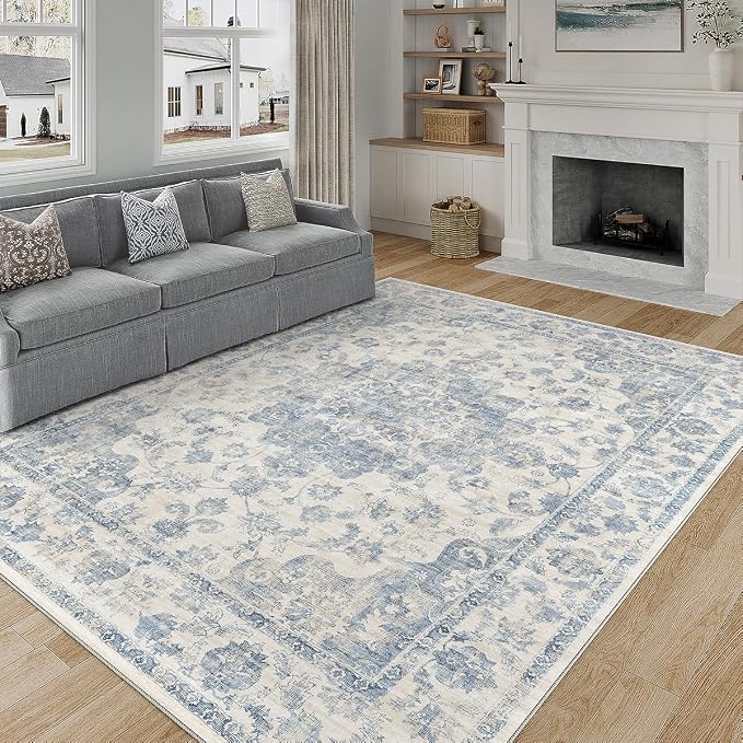 9x12 Neutral Area Rug Blue Vintage Living Room Bedroom Washable Carpet Non-Slip - Image 3