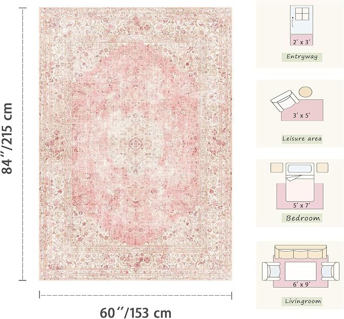 Latte&Fog 3x5 Entryway Pink Area Rugs, Vintage Floral Washable Rugs Cute Girls - Image 2