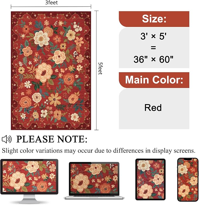 DUKINO 3x5 Area Rug, Floral Rugs - Image 2