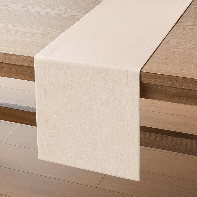 Linen Textured Border Table Runner, 14 x 60 Inch Cream | Mitered Corner Design - Image 7