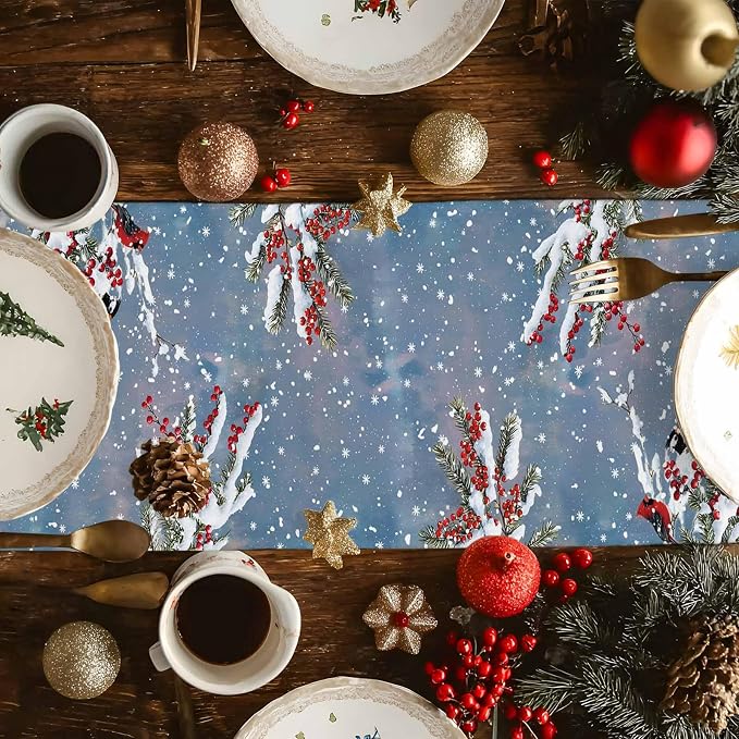 Merry Christmas Table Runner 48 Inches Long, Xmas Trees Snowman Snowflake Table - Image 4