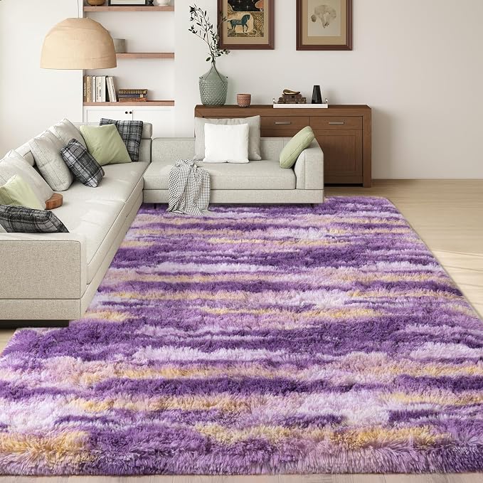 Shag Rugs for Living Room 9x12, Ultra Soft Abstract Purple Big Fuzzy Rugs for by Ailyei