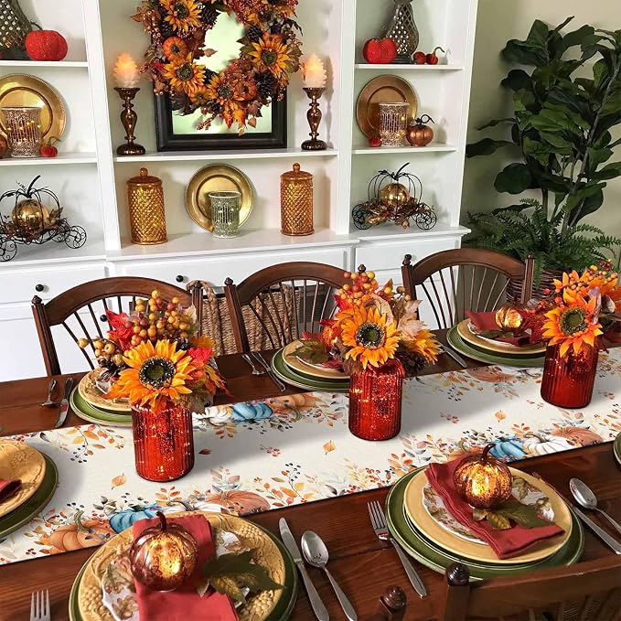 Orange Blue Pumpkin Fall Table Runner 48 Inches Long, Thanksgiving Eucalyptus - Image 6