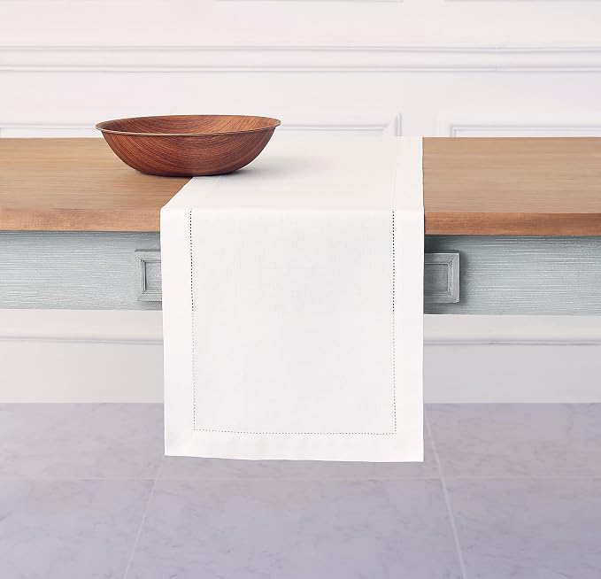 Solino Home Cotton Linen Dining Table Runner White Hemstitch, 14 x 132 in | by SolinoHome