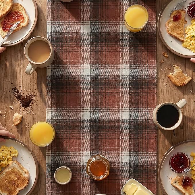 Artoid Mode Caramel Brown Farmhouse Plaid Fall Table Runner 13x120 Inch | - Image 5