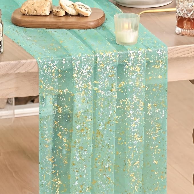 Artoid Mode Turquoise Gauze Gold Table Runner 10FT, Glitter Metallic Foil Sheer by ArtoidMode