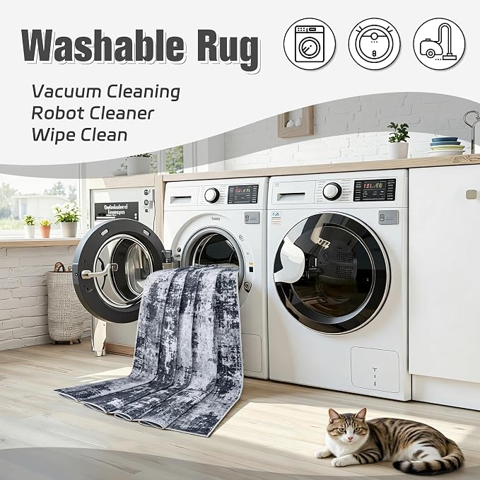 5x7 Area Rugs for Living Room Washable: Abstract Soft Thin Low Pile Black Rug - Image 3