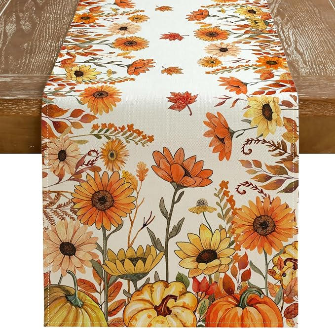 Fall Pumpkins and Sunflowers Table Runner 13x108 Inch, Maple Leaves Farmhouse by GEEORY