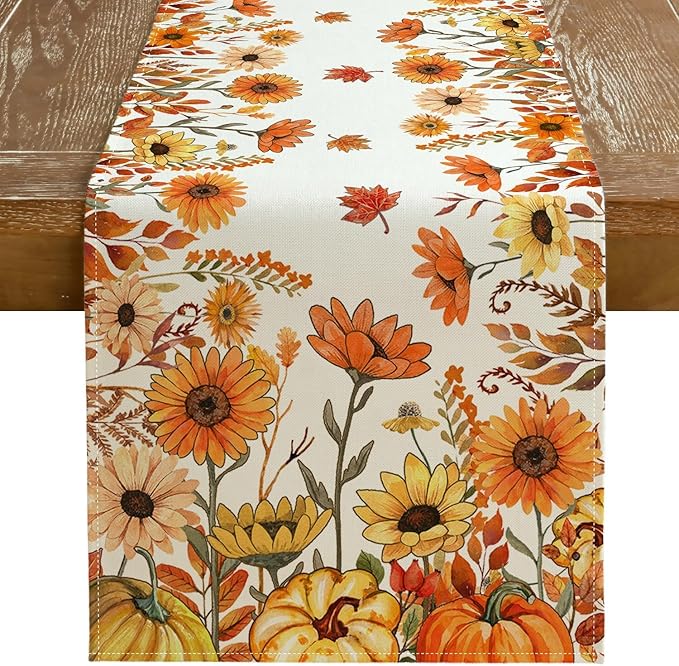 Fall Pumpkins and Sunflowers Table Runner 13x90 Inch, Maple Leaves Farmhouse by GEEORY