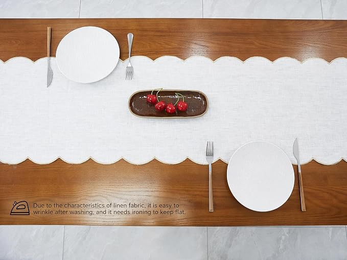 100% Natural Linen Rustic Scalloped Embroidery Table Runner 72 Inches Long - Image 5