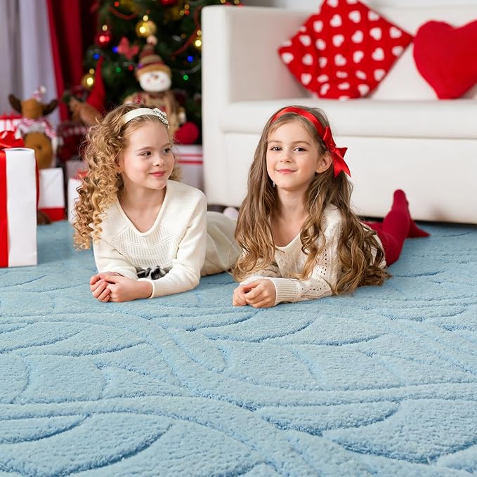 6x9 Blue Washable Area Rug for Bedroom Living Room, Leaf Geometric Patter Shag - Image 3