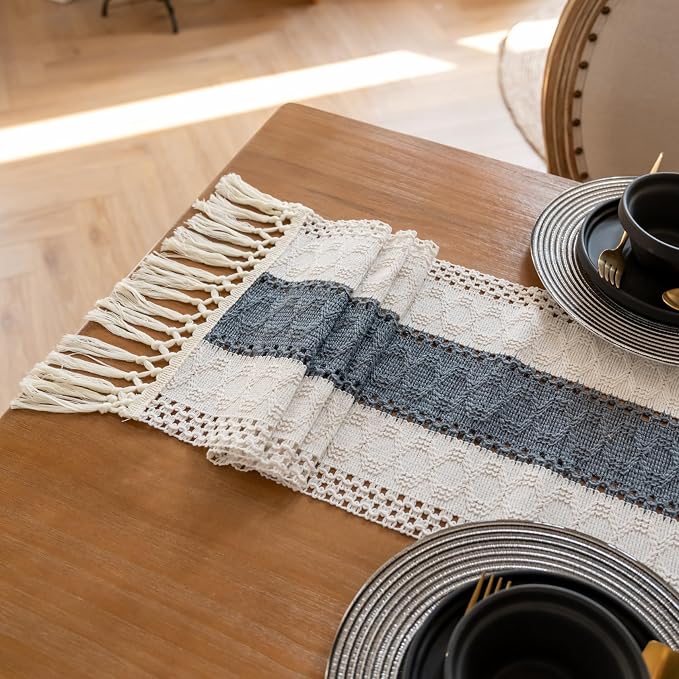 EMMTEEY Boho Table Runner with Tassels 94 Inches Long, Stone Blue | Handmade - Image 6