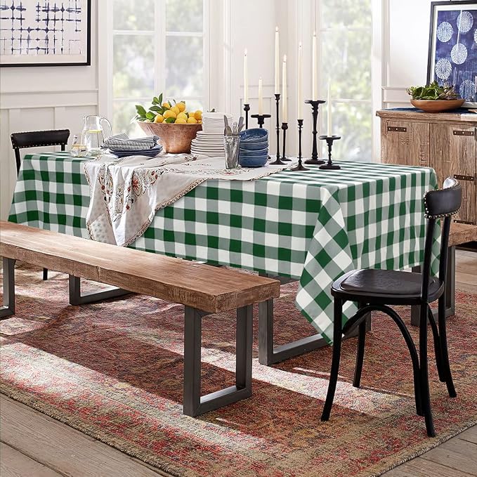 Plaid Tablecloth 2 Pack, 60 x 102 inch, Forest Green and White | Waterproof - Image 8