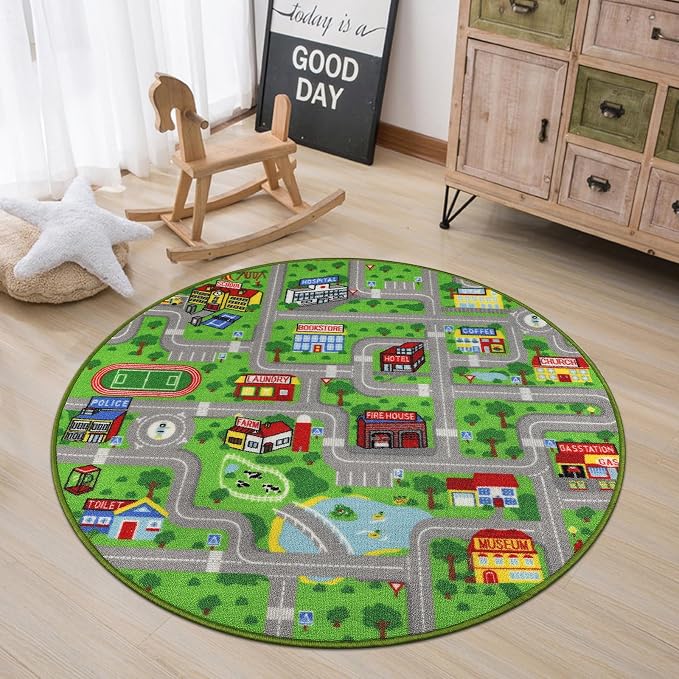 Capslpad Green Car Road Kid Rug Carpet Playmat by CapslpadDirect