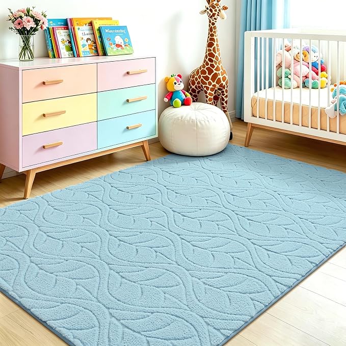 6x9 Blue Washable Area Rug for Bedroom Living Room, Leaf Geometric Patter Shag - Image 5