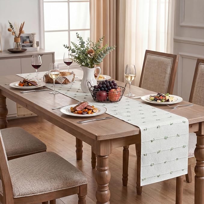 Artoid Mode Sage Green Boho Farmhouse Cotton Woven Table Runner, Seasonal - Image 4