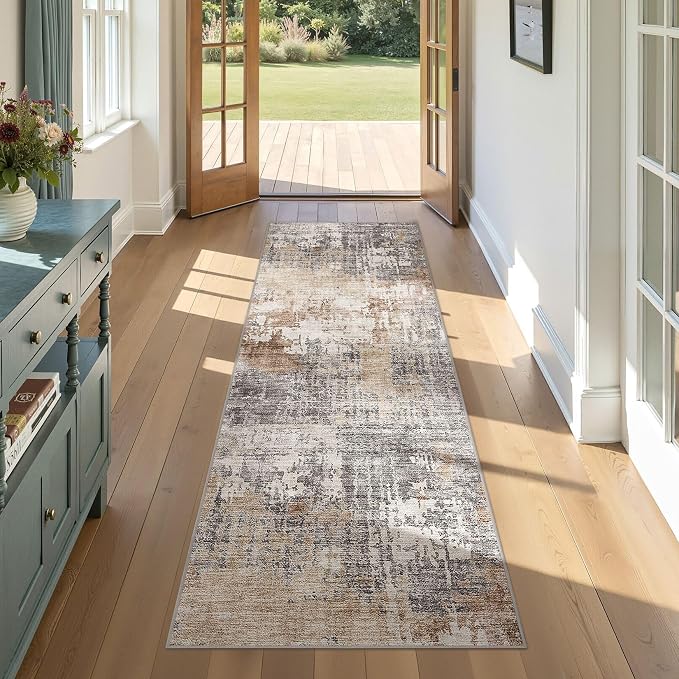 DMOYEST Washable Runner Rug for Hallway: 2.6x8 Neutral Modern Abstract Low Pile by DMOYEST