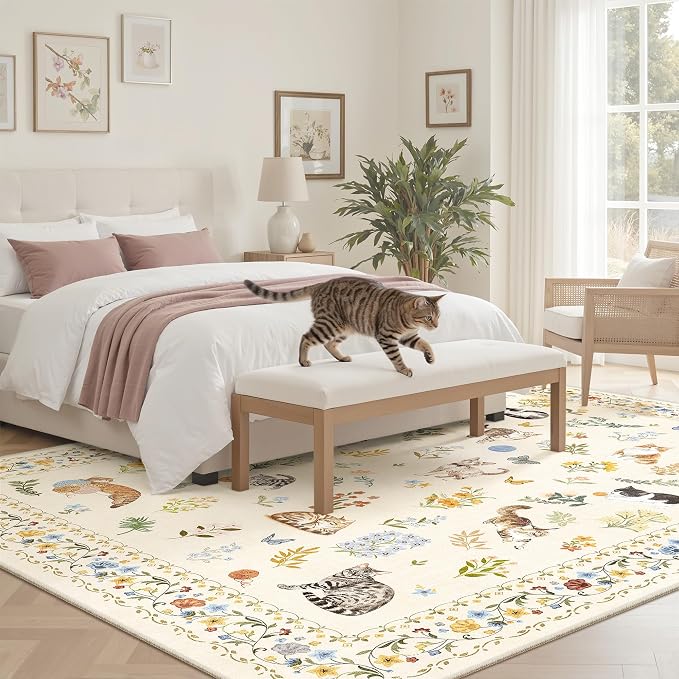 Soalmost Cat 6x9 Area Rugs for Living Room, Machine Washable Animal Floral - Image 3