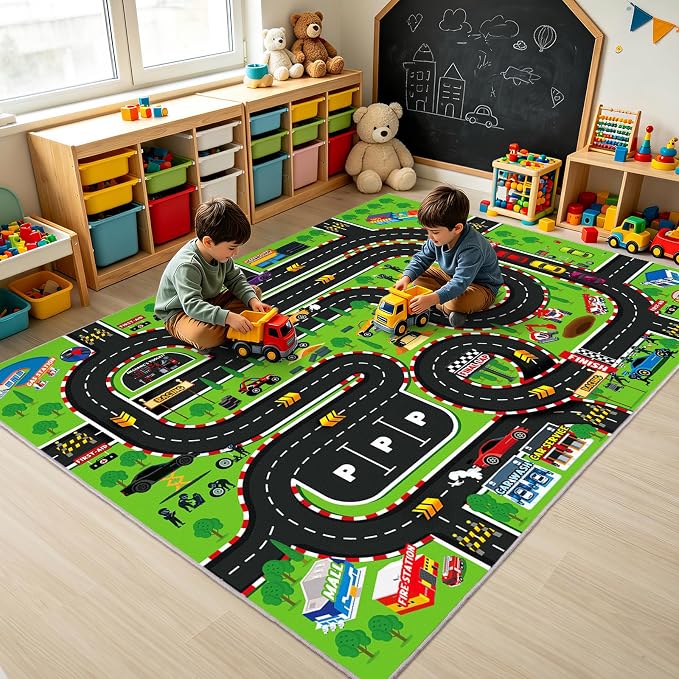 Kids Play Rug 4x5 Ft, Non-Slip Race Track Car Rug Play Mat, Washable Soft Road by Quntue
