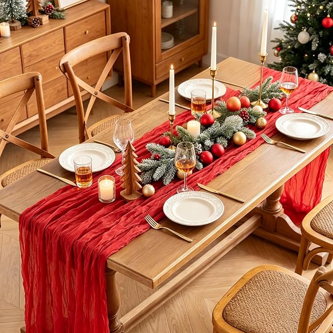 6Pcs Red Table Runner, 10FT Rustic Gauze Red Table Runner 35*120inch Boho Table - Image 3