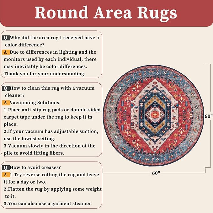 SERISSA Boho Round Area Rug, 5ft Washable Non-Slip Circle Rug, Ultra Soft - Image 2