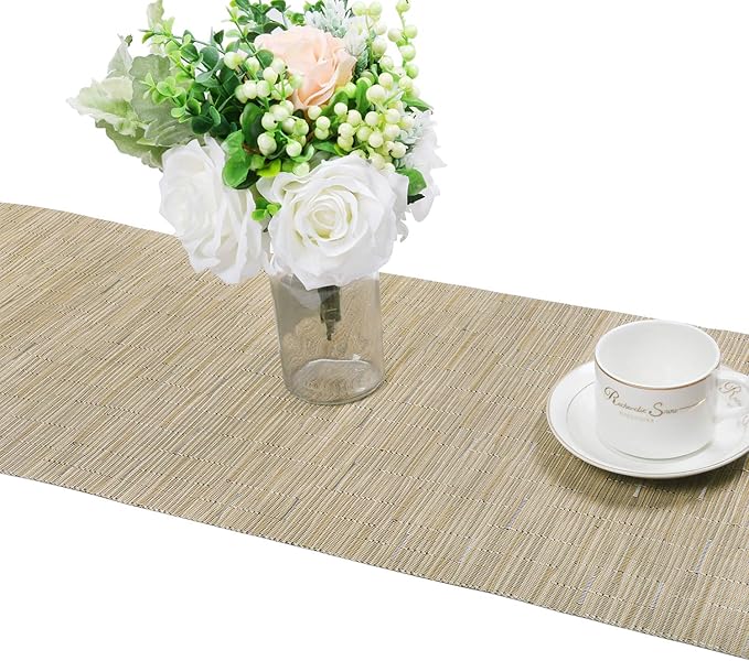 SHACOS 12x54 inch Woven Vinyl Table Runner Wipe Clean Reversible Weave Table - Image 3