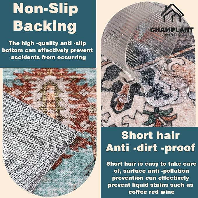 CHAMPLANT Washable Area Rug 8'x10' Light Cyan and Light red Retro Boho Design - Image 5