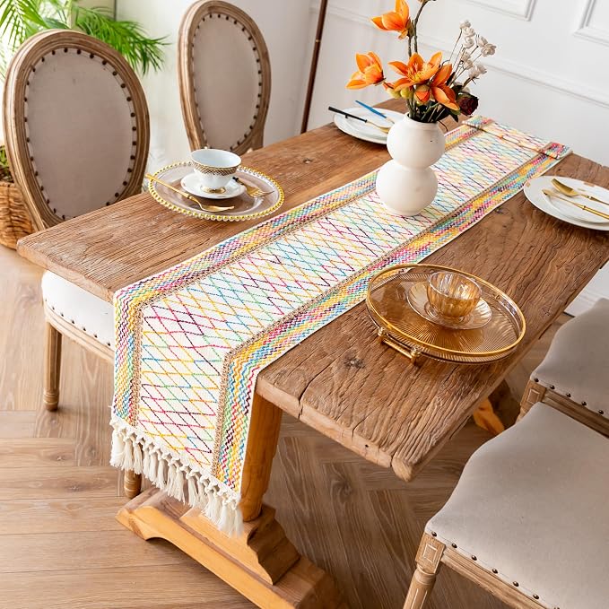 EMMTEEY Macrame Table Runner Boho Style 94 Inches Long, Hexagonal Colorful | - Image 7