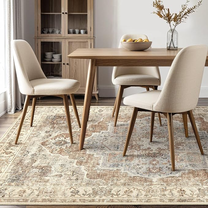 5x7 Washable Area Rug: Vintage Neutral Soft Non Slip Thin Large Floor Carpet - Image 9
