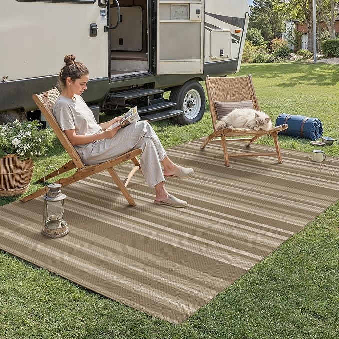 4x6 Easy Jute Stripe Area Rug Washable Beige Brown Indoor Outdoor Rug Non Slip - Image 3