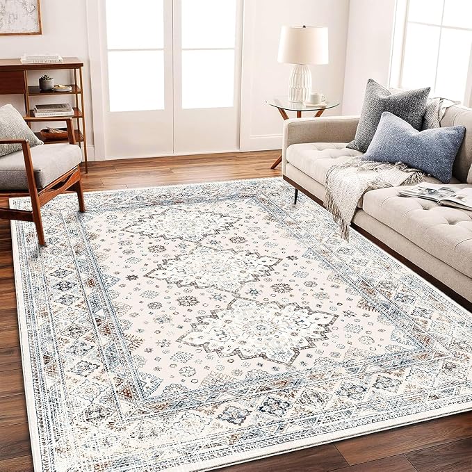 CHAMPLANT Washable Area Rug 10x14 Retro Flowers Boho Design Non-Shedding Easy by CHAMPLANT