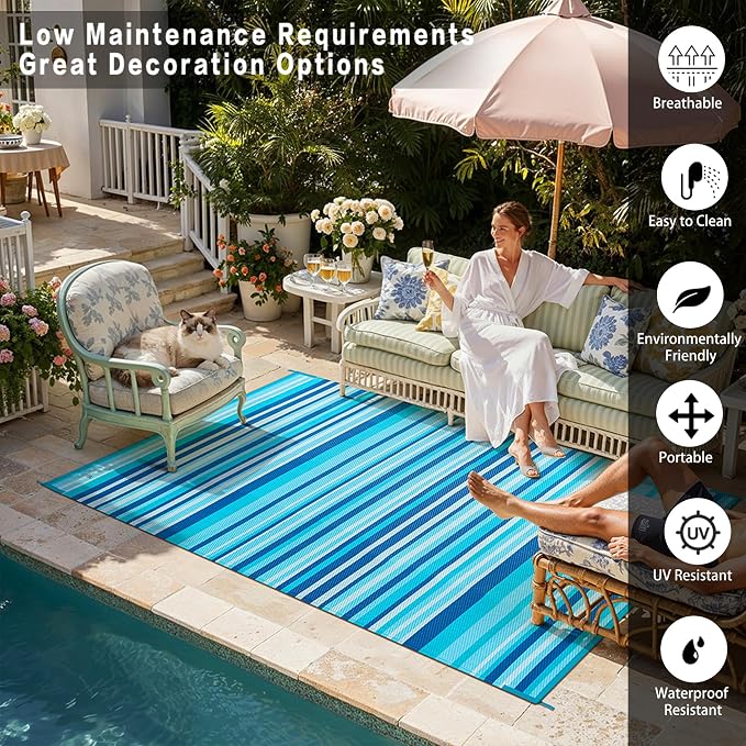 Outdoor Plastic Straw Rug Waterproof Patio 5x8 Blue Teal Stripe Mat - Image 4