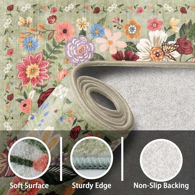 Floral Hallway Runner Green Carpet Non-Slip, 2x10 Washable Rug Ultra-Thin Soft - Image 3