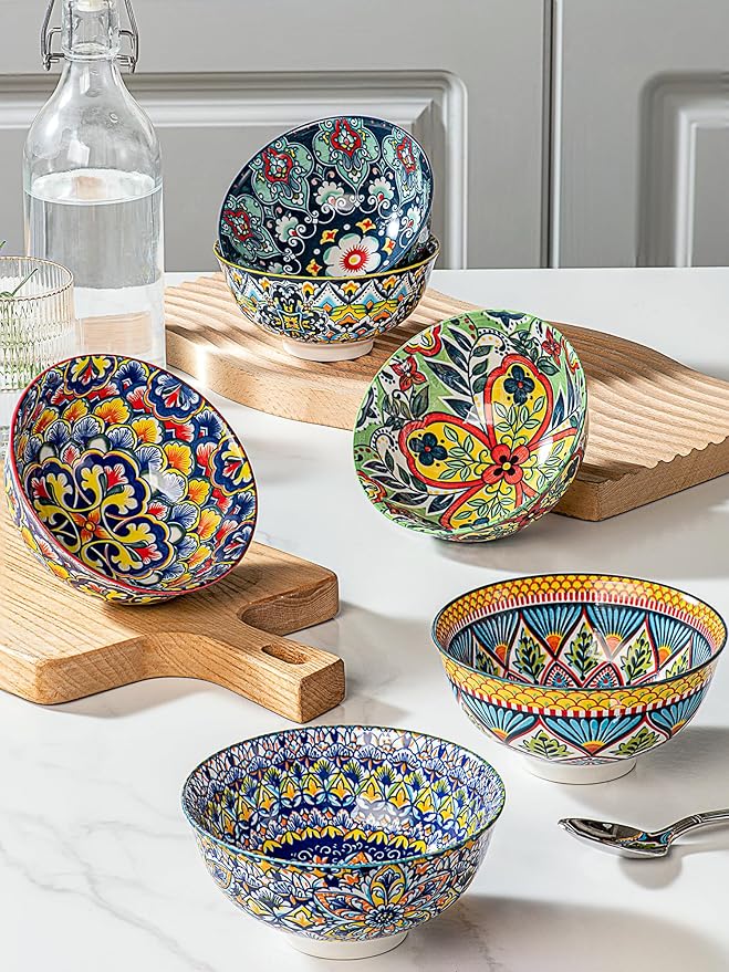 HENXFEN LEAD Boho Ceramic Dessert & Snack Bowls Set of 6, 10 oz | Assorted - Image 5