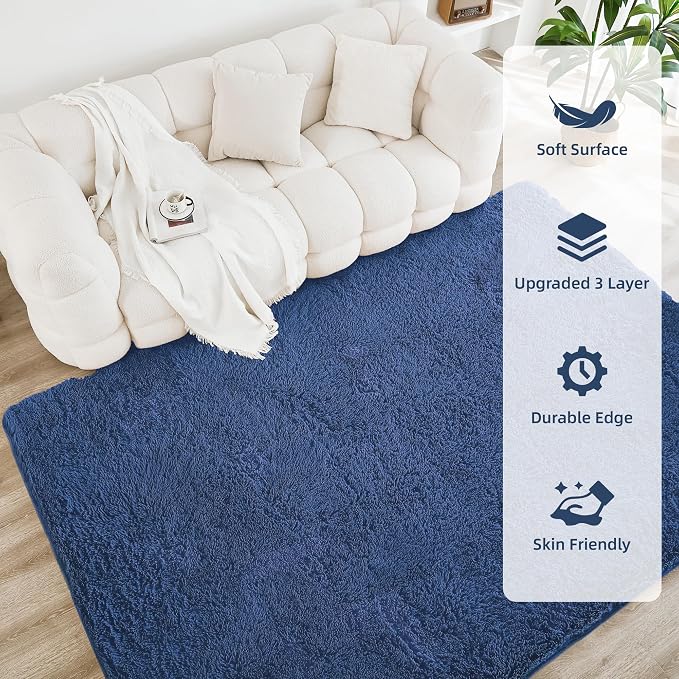 Litanika 9x12 Shag Area Rug for Living Room Bedroom, Dark Blue High Pile Soft - Image 4