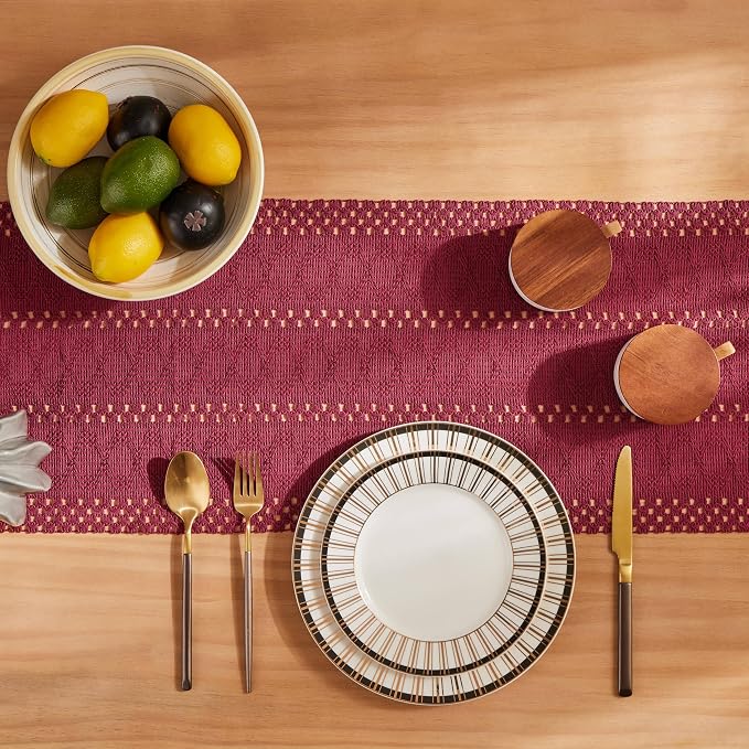 Macrame Style Boho Table Runner, 12x108 Inch Burgundy | Woven Boho Table Runner - Image 4