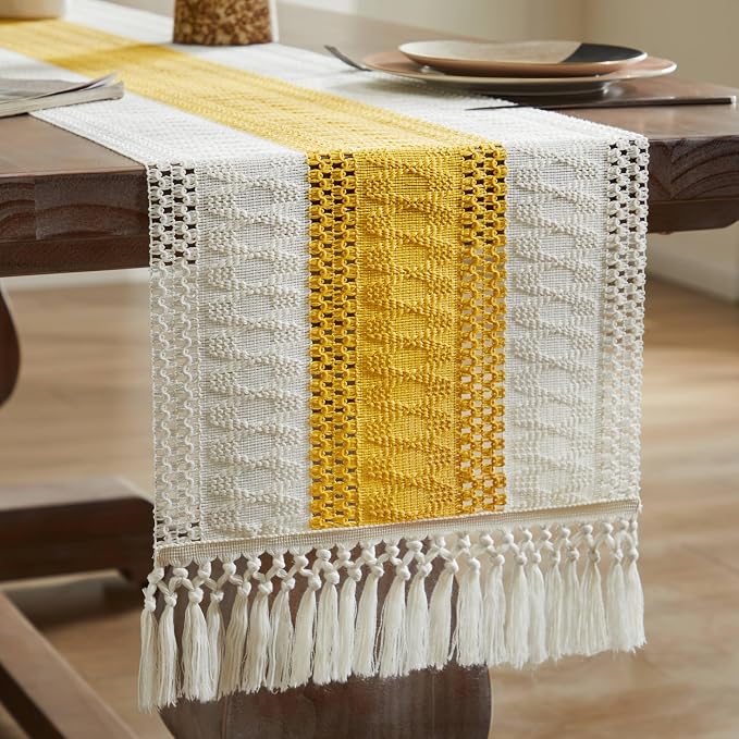 Macrame Style Bicolor Stitching Table Runner 14x72in Mustard | Woven Boho Table - Image 7