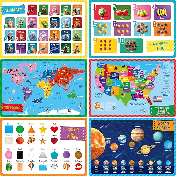 6 Pack Placemats for Kids, Non-Slip Washable, Reusable Alphabet, Shape & Color by SpriteGru