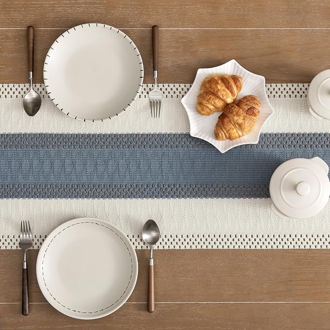 Macrame Style Bicolor Stitching Table Runner 14x36in Navy | Woven Boho Table - Image 5