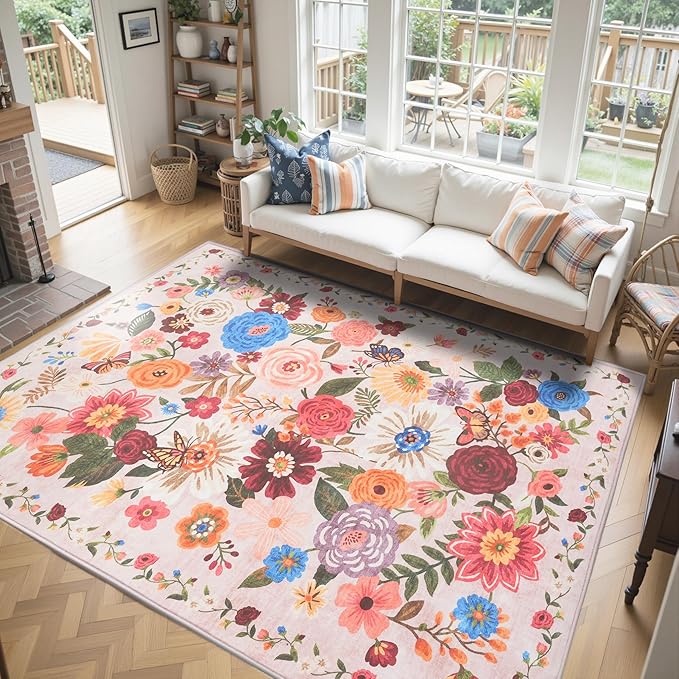 Blush Floral Washable 6x9 Area Rug, Soft Bedroom Rug by WelcometoBabovid