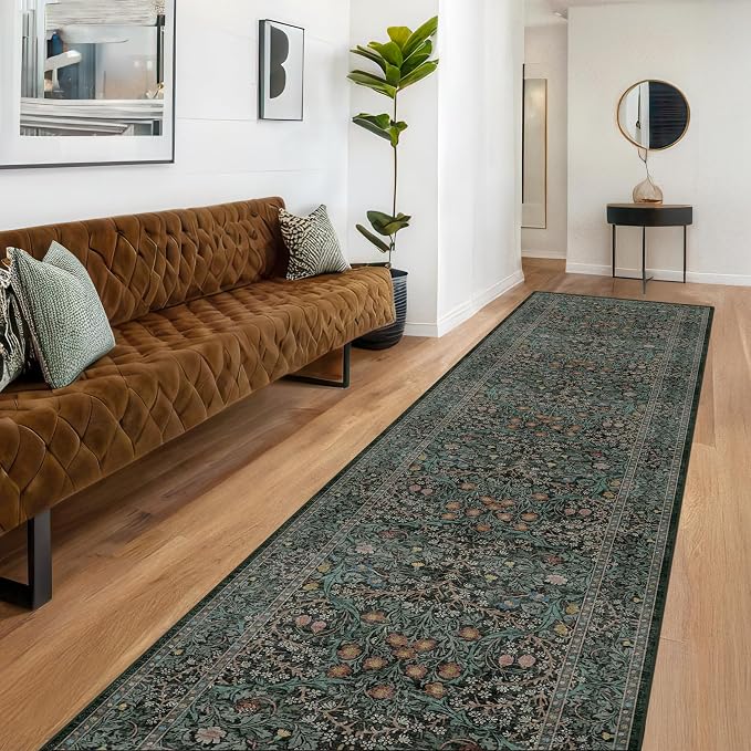 Dark Green Washable 3x20 Extra Long Runner Rug - Image 3