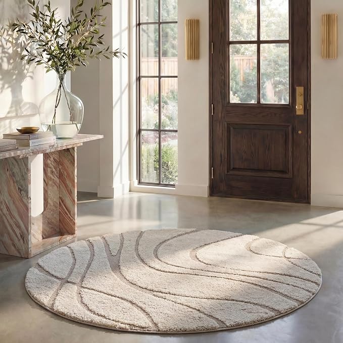 SAFAVIEH Florida Shag Collection 9' Round Cream/Beige SG471 Abstract Wave by Unknown