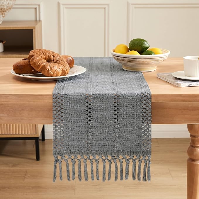 Macrame Style Boho Table Runner, 12x48 Inch Light Blue Grey | Woven Boho Table - Image 2