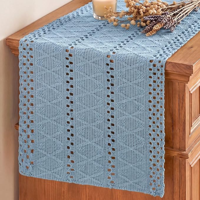 Artoid Mode Sky Blue Woven Farmhouse Hollow Table Runner 12x108 Inch | Holiday by ArtoidMode